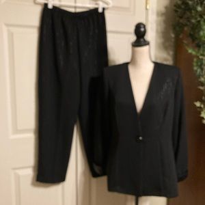 Kasper jacket and pant suit black pinstriped with sequin cuffs size 14 petite